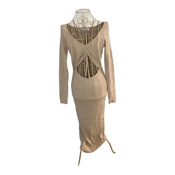 NWT All In Favor beige cutout long sleeve ribbed midi dress size medium - Picture 1 of 9